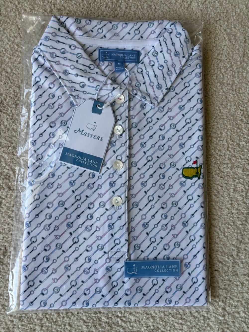 Masters Magnolia Lane White Golf Polo with Navy & Light Purple Chain Pattern